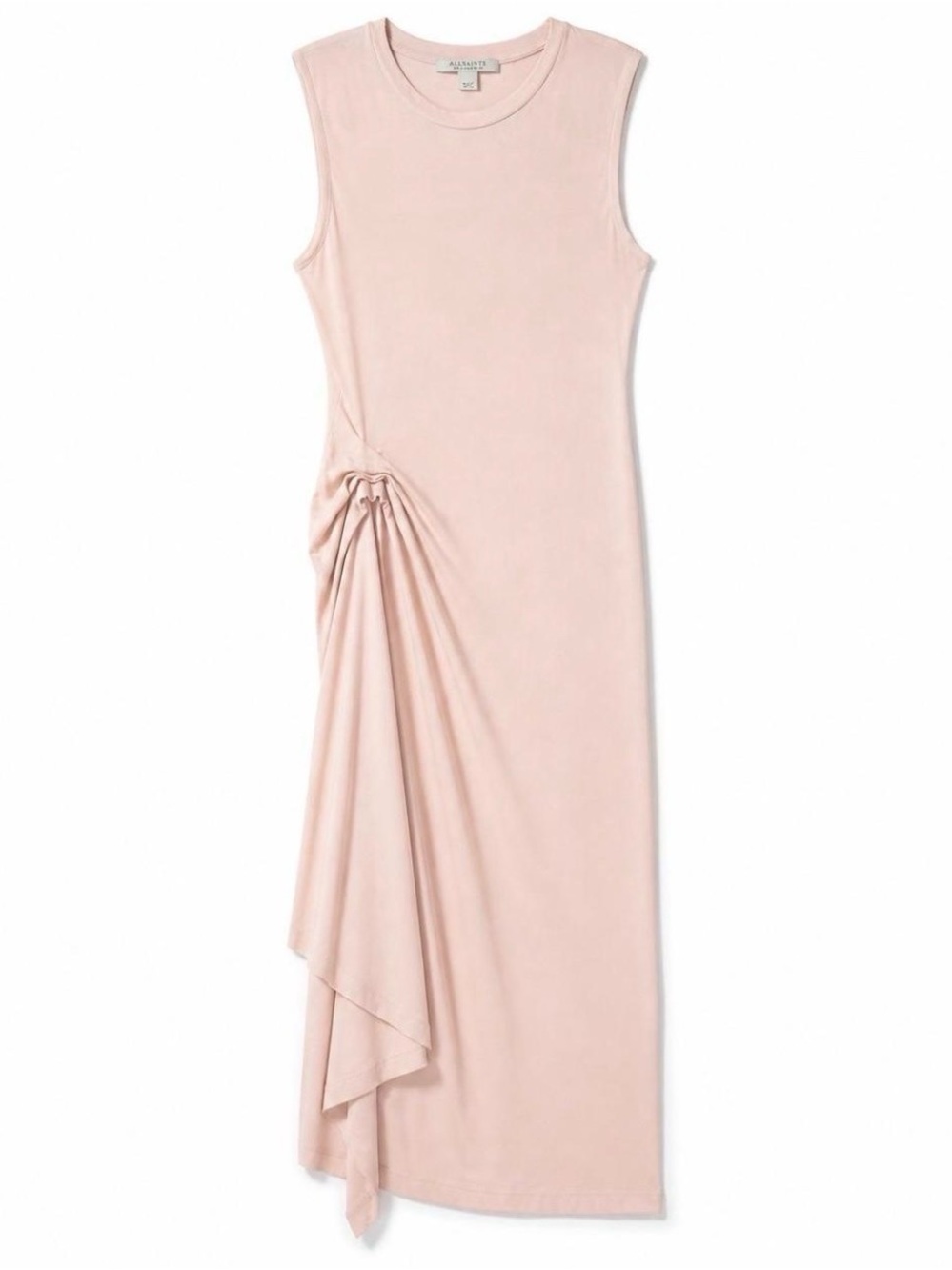 AllSaints Blush Pink Sleeveless Midi Dress with Side Draped Detail